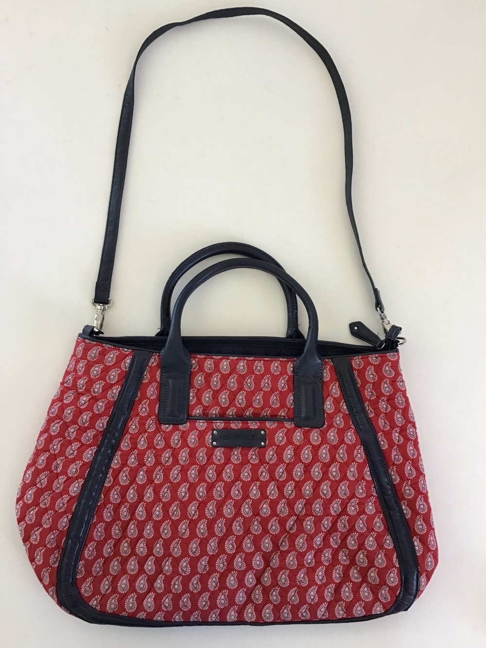 Vera Bradley Trimmed Trapeze Satchel Red Paisley Quilted  Navy Trim Crossbody